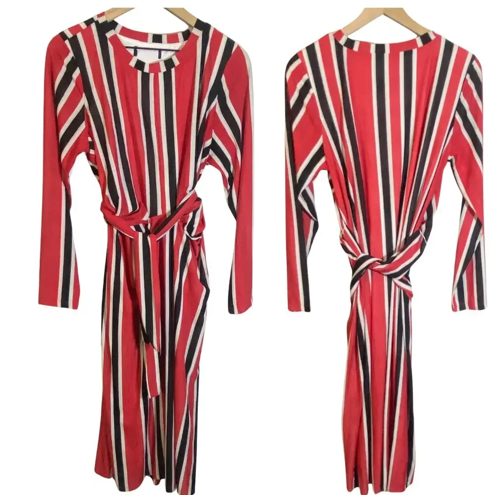 Eloquii Striped Ottoman Tie Back Red Black White Striped Midi Dress Sz 14/16**